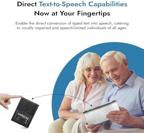 An image depicting an older couple smiling while looking at a tablet, with a hand pointing from the Talking Keyboards speaker unit towards the tablet, illustrating direct text-to-speech capabilities.