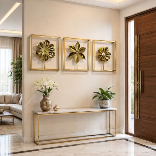 Image of Framing Hub - Metal Flower Wall Decor Set of 3 Gold Iron Leaf Floral Wall Art Decorative Hanging for Living Room Bedroom Home (16 x 16 Inch)