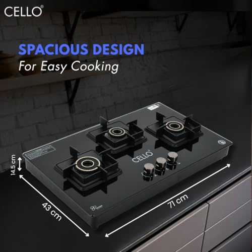 Image of Cello Classic Plus 3 Burner Gas Stove | Glass Hob Top Cooktop with Brass Burners | 8mm Toughened Glass | ISI Certified | Manual Ignition | Flame Guard Pan Supports | Premium Black
