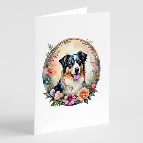 Caroline's Treasures Australian Shepherd and Flowers Greeting Cards and Envelopes Pack of 8 Blank Cards with Envelopes Whimsical A7 Size 5x7 Blank Greeting Cards