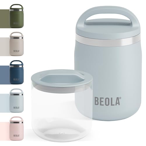 BEOLA 600ml Food Jar Lunch Box Food thermo Stainless Steel Double Wall Insulated Travel Food Flask with Snack Tritan Container for Kids Adults 20oz (Ice Blue)