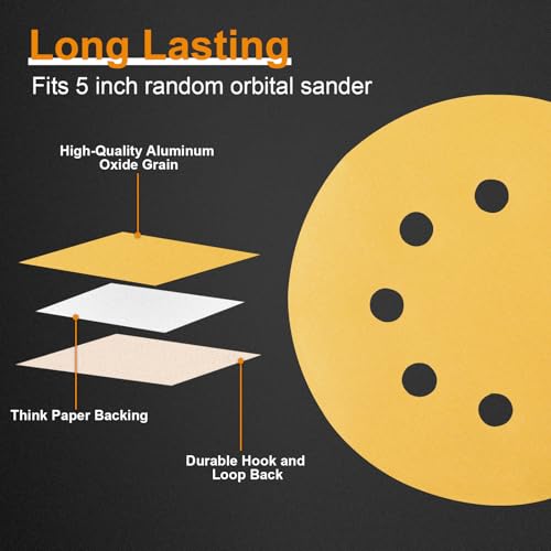 Image of 100 PCS 5 Inch 400 Grit Hook and Loop Gold Sanding Discs Sandpaper