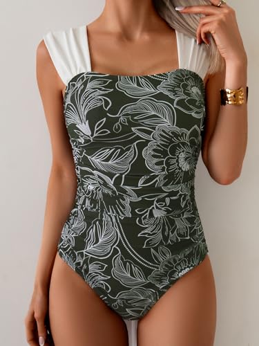 Image of B2prity Womens One Piece Swimsuit Retro Square Neck Tummy Control Bathing Suits Ruched Modest Full Coverage Swimwear