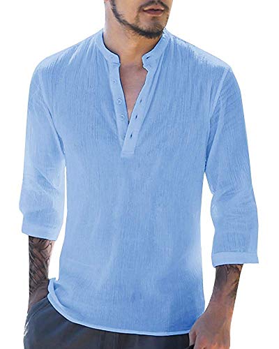 PASLTER Mens Long Sleeve Linen Cotton Shirts Casual Summer Beach Yoga Henleys Loose Fit Hippie Tops