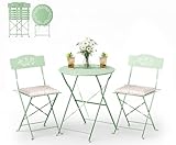 Bonnlo Bistroset 3-teilig aus Stahl mit Sitzkissen – Bistrotisch mit 2 Klappstühlen, Gartenmöbel Set, Durchbrochenes Olivenblatt-Design, Wetterbeständig, für Balkon, Garten & Wohnraum, Hellgrün