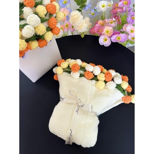 フラワーブランケット 花束ブランケットキット 花束になる 完成品.多色展開のブーケ 110cm サイズ選択 ふわふわ極細毛糸のふんわり肌触り、専用ギフトボックスで誕生日/母の日/記念日プレゼントに最適 (110cm オレンジ+イエロー(箱なし)) [並行輸