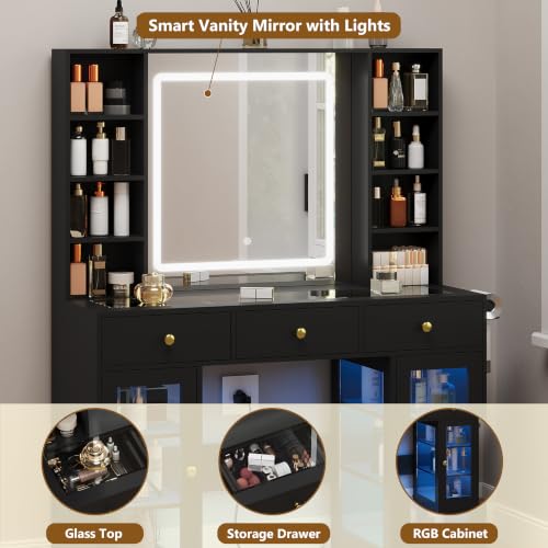 Image of Black Vanity Desk with Mirror and Lights, Glass Top Vanity with Lighted Mirror & RGB Cabinet and 3 Drawers, Dressing Table with 8 Shelves, Makeup Desk with Lights for Girls Bedroom, 3 Color Modes