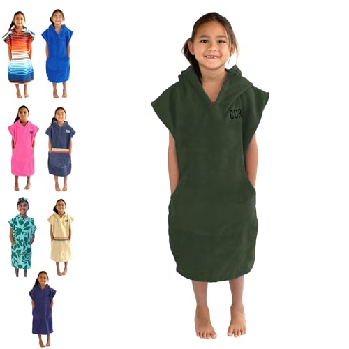 COR Surf Poncho Changing Towel Robe with Hood and Front Pocket for Kids, Doubles Up As Beach Towel and Blanket, Made of Quick Dry Microfiber (Ranger Green)