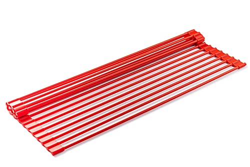 Bellemain Over Sink Dish Drying Rack, Dish Drying Mat | Collapsible Dish Drying Rack for Kitchen Counter, Heat Resistant Stainless Steel & Silicone Drying Rack, Dish Drainer (Red, Medium)