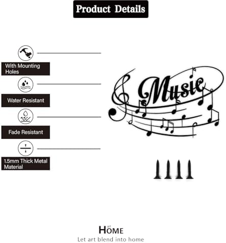 Music Note Metal Wall Art - 12” x 7.4” Metal Music Sign for Indoor & Outdoor Décor, Hanging Musical Note Decoration for Music Rooms