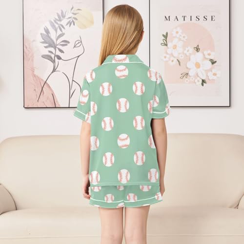 Simple Baseballs Green Prints Summer Satin Pajama Set, Cute Button-Down Sleepwear Pj Set for Sleep Wears4