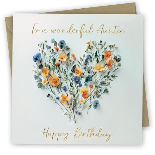 Birthday Card for Auntie. Heart of Flowers Design with Gold Foiled text. 150x150mm supplied with Envelope. Eco-friendly. Message inside. Made in Britain.