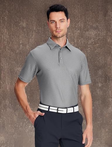 Alex Vando Mens Bubble Jacquard Polo Shirt Super Stretch Short Sleeve Polo Shirts for Men