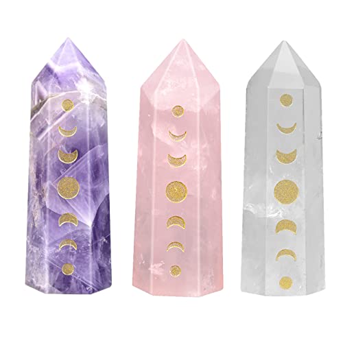 TUMBEELLUWA 3pcs Moon Phase Lunar Eclipse Crystal Single Point Set for Meditation Yoga Hand-Carved Hexagonal Chakra Stone Prism Wands Kit for Decor, Amethyst & Rose Quartz & Rock Crystal