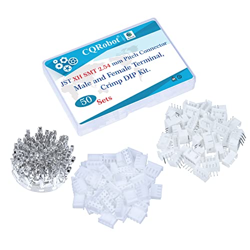 CQRobot JST XH SMD 2.54 mm Pitch 4-Pin Electronic Computer Connector IC Male Plugs, Female Sockets Housing and T-Shaped Crimp Terminal Kit. 50 Sets/300 Pieces Wire-to-Board Adapter Cable Assembly.