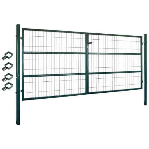 V2Aox Gartentor Tor Gartenzaun Zaun 300x140 cm Doppelflügelig Gartentür aus Metall für Stabmattenzaun Abschließbar inkl. Pfosten Grün