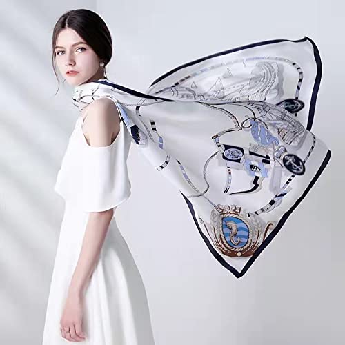 Andantino 100% Mulberry Silk Long Scarf For Women Large Shawls For Headscarf And Neck- Oblong Hair Wraps With Gift Packed (White&Blue-Sailing) #TOP3