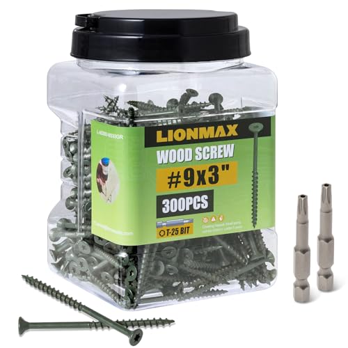 Image of LIONMAX Deck Screws 3 Inch, Exterior Wood Screws #9 x 3, 300 PCS, Green | Rust Resistant, Exterior Epoxy Coated, Outdoor Construction /Fence Screws, Torx /Star Drive, T25 Bit Included