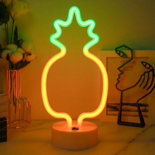 JEMESI Lampe Néon Ananas LED, Veilleuse Décorative en Forme d'Ananas, Alimentation USB ou Piles, Néon avec Base pour Chambre, Salon, Fête, Mariage, Anniversaire, Décoration Intérieure