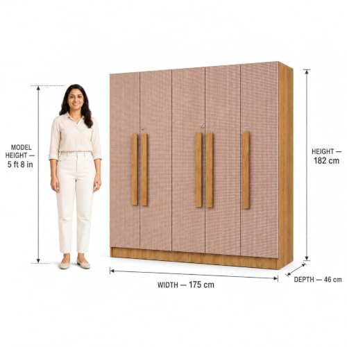 Image of Bniture 5 Door Wardrobe for Bedroom with Lockable Door & Hanging Space | Almirah for Clothes with Rattan Laminate Finish | Wardrobe for Storage | 3 Years Warranty (Giant Wood)
