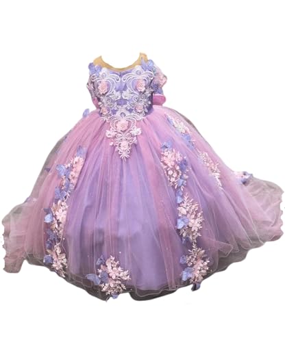 3D Floral Girls Bridesmaid Dresses Light Pink Tulle and Lilac Satin Formal Ball Gowns Beaded Bow Prom Dress for Kids Girl US6