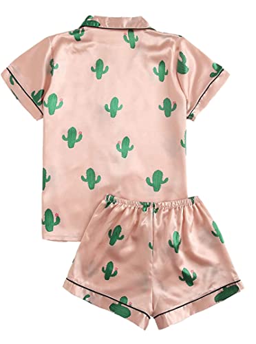 Remidoo Women's Short Sleeve Button Down Satin 2 Piece Pajama Set Sleepwear Cactus Pink Medium #TOP1