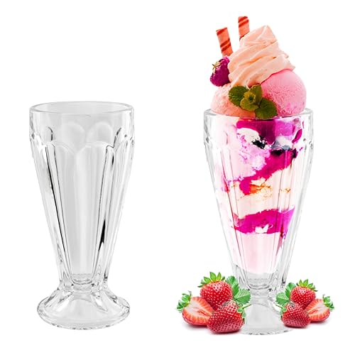 HOMESHOPA Ice Cream Sundae Glasses, Set of 2 Tall Classic Retro American Diner Style Milkshake Soda Fountain Knickerbocker Glory Dessert Glasses, Dishwasher Safe, 350ml