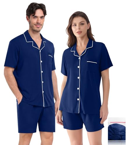 Matching Pajamas Set for Couples Women Men Short Sleeve Sleepwear Button Down 2 Pcs Loungewear,Navy Blue-XXXL