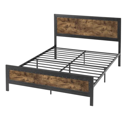 Sha Cerlin Grey Metal Bed Frame Queen/Industrial Wooden Platform Bed With Rivet Headboard Footboard / 13 Strong Metal Slat Support & 9 Stable Legs/Noise-Free/Easy Assembly/No Box Spring Needed #TOP7