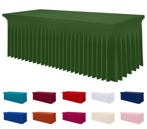 Image of Smiry Spandex Elastic Fitted Table Cloth Skirt for 8FT Rectangle Table | Stretch Washable Table Cloth, Banquet Table Cover for Wedding, Party, Indoor & Trade Shows, (Olive Green, 96Lx30Wx30H)