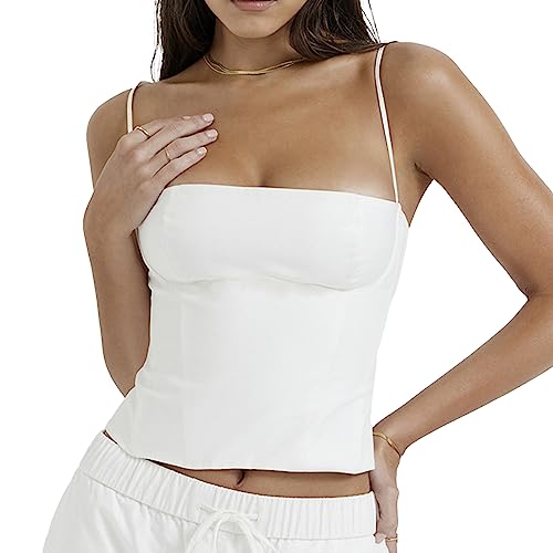 PDYLZWZY Y2K Haut court pour femme - Coupe basse - Dos nu - Sans manches - Corset à bretelles spaghetti - Y2K, beige, M