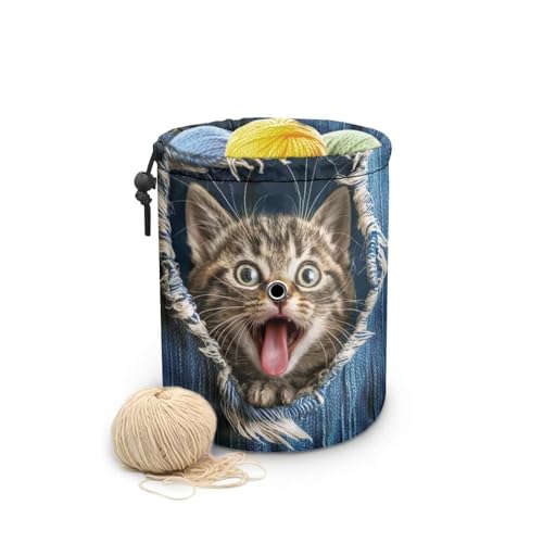 Image of Sellikakes Cute Cat Small Yarn Bag, Canvas Crochet Bag Organizer, Knitting Bag, Yarn Holder for Crochet Beginner,Knitting & Crochet Supplies