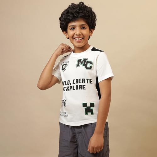 Image of Kidsville Official Minecraft Steve, Alex & Creeper Half Sleeves Round Neck Graphic Printed Regular Fit Pure Breathable Cotton Fabric Tshirt for Boys