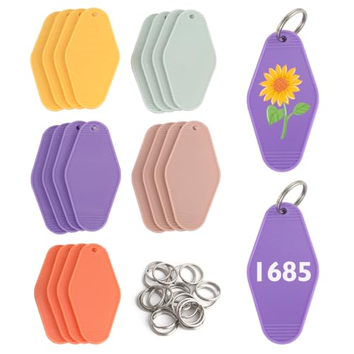 20 PCS Hotel Keychain Blanks, 5 Color Rainbow Plastic Rhombus Motel Keychains for DIY, with Keyrings
