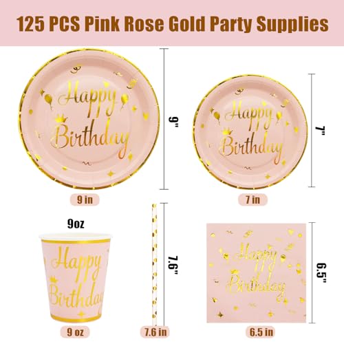 Boocikey 125 PCS Birthday Plates and Napkins,Pink Paper Plates Serves 25 Guests,Happy Birthday Plates for Girls Women Birthday Decorations — view 3