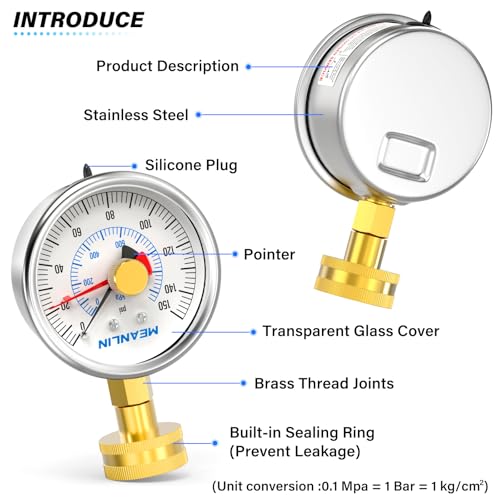 Image of MEANLIN MEASURE Stainless Steel 0~150Psi 3 /4 inch Female Water Pressure Test Gauge, 2.5 inch FACE DIAL with Red Indicator Hands, Dry Hydraulic Tester Suitable for Gardens, Water Pipes