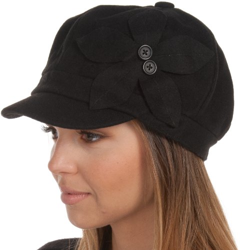 Sakkas 405Bc Sasha Wool Newsboy Cabbie Hat With Button Flower - Black - One Size #TOP18