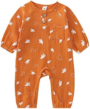 Durveency Infant Newborn Baby Boy Girl Clothes Halloween Outfits Pumpkin Ghost Print Jumpsuit Long Sleeve Cotton Linen Romper (Orange Ghost, 0-3 Months)