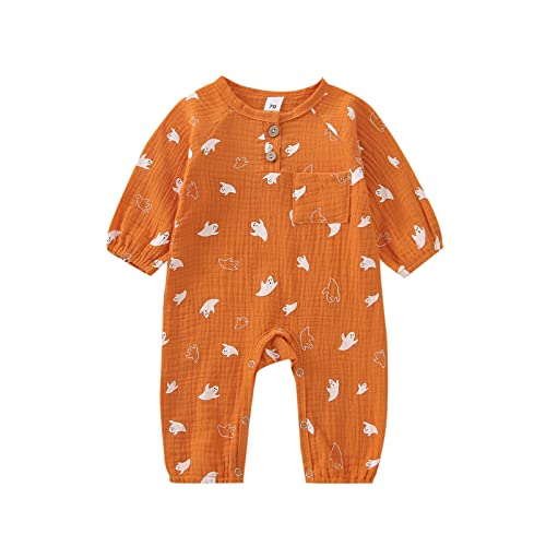 Baby Mädchen Jungen Halloween Strampler Langarm O Hals Ghost/Kürbi Bodys Overall (Orange, 12-18 Monate) Cover