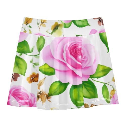 Joisal Athletic Shorts for Girls Skorts Kids Tennis Skirts Cool Pink Girl Skort Watercolor Roses Green Leaves 3t2