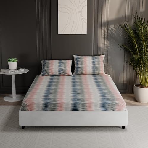 Image of BLISSHOME Everlast 150TC King Size Fitted Bedsheet with 2 Pillow Covers, Aesthetic Bedding, Wrinkle Resistant, 100+ Wash Durable, Quick Dry, Geometric Pattern - Green (183cm x 198cm +25cm Drop)