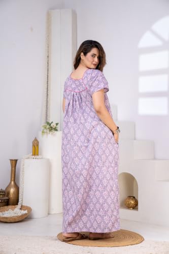 Image of DIAMO Pure Cotton Designer Nighty for Women | Night Gown | Nightdress | Maxi Nighty | Sleepwear | Jaipuri Nighty | Nighties | Cotton Night Gown for Women /Girls with Jaipuri Block Print