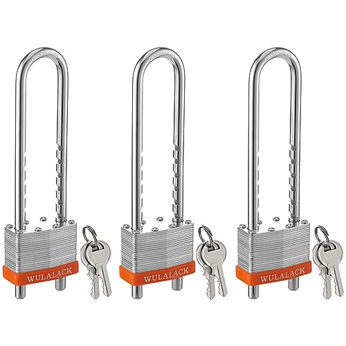 Locks with Keys WULALACK 2 inch Wide Laminated Steel Keyed Padlock with Adjustable Shackle Long Padlocks with Same Key 3 Pack