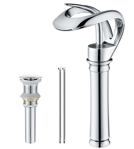 Elegant Bathroom Sink Faucet Single Hole,AUU Waterfall Chorme Vessel Sink Faucet Solid Brass,Single Handle Tall Bowl Sink Faucet with Pop Up Drian Supply Line (Chrome, Tall)
