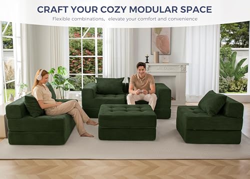 Image of MAXYOYO Modular Sectional Sofa Couch, Foldable U Shaped Cloud Couch with Pillows, Tufted 6-Seat Boneless Sofa Lounger for Living Room, No Assembly Required, Dark Green