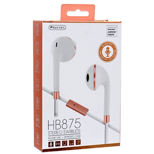 Sentry HB875 Stereo Earbuds, White-Rose Gold, in-LINE MIC, Zippered CASE