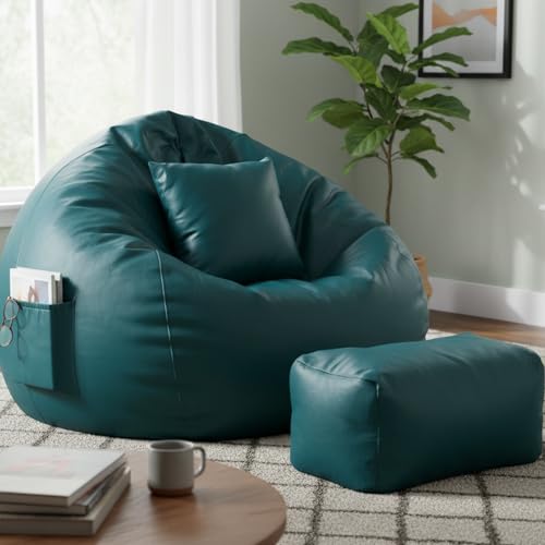 Image of Luxury 5XL Jumbo Bean Bag with Footrest & Cushion | Premium Leatherette | High-Density Beans Filled | Heavy Duty Double Stitch | 6 Months Warranty Color- (Navy Blue) (Teal)