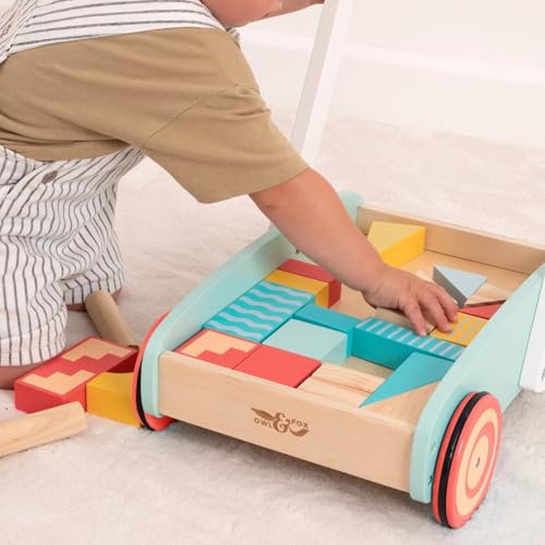 Owl & Fox Wooden Baby Walker with 29 Assorted Colourful Blocks, Traditional Push Along Early Development & Activity Toy, Sustainably Sourced, for Ages 12 Months+ - Image 2