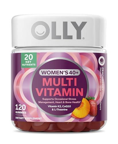 OLLY Womens 40+ Multi Gummies 20 Key Nutrients Plus Vitamin K2 CoQ10 L-Theanine Chewable Gummy Supplement Peach Berry Flavored 45 Day Supply - 120 Count