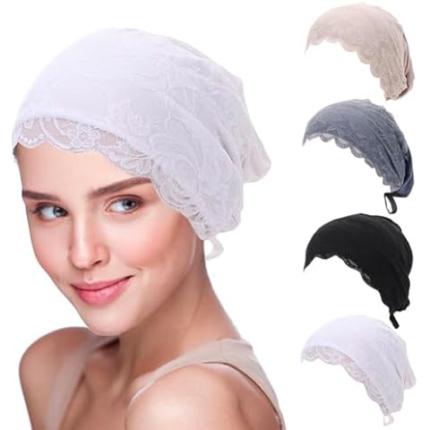 4 Pcs Lace Cotton Elastic Inner Beanies Cap for Islamic Muslim Hijab Undercap with Tie Back Closure Under Scarf Hat Chemo Turban Cap Cover